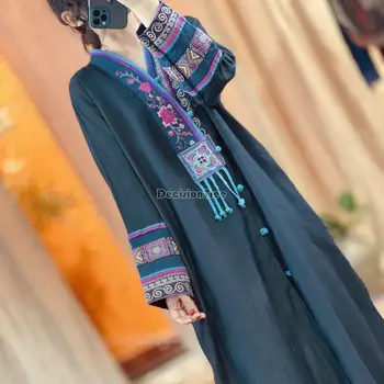 2023 китайский стиль, вышивка, этнический стиль, лен, длинный рукав, дисковая пряжка, длинное осеннее новое китайское свободное женское платье zan tea g583