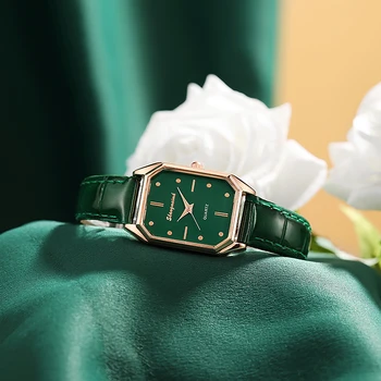 Женские кварцевые часы с браслетом, зеленый циферблат, простой сетчатый циферблат из розового золота, Роскошные женские часы, Брендовые женские часы, Модные квадратные