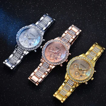 Женские часы Geneva Нового бренда, модные женские цифровые часы с бриллиантами, часы из нержавеющей стали, Роскошные наручные часы из розового золота для женщин