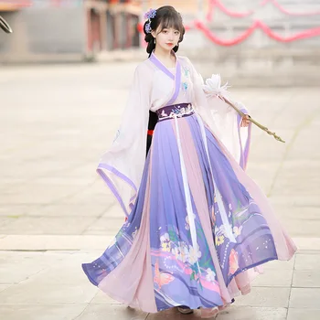 Костюм Hanfu Женская Юбка с перекрестным воротником на талии, Сказочный Китайский стиль, Женские платья Фиолетового цвета Hanfu