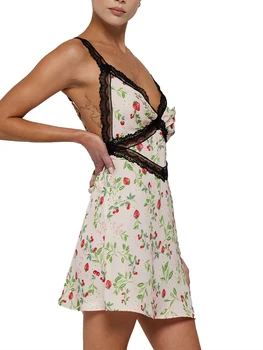 Женское мини-платье на бретельках с V-образным вырезом, кружевное облегающее платье с вишневым принтом, короткое платье на завязках с открытой спиной