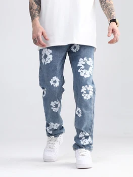 Мужские джинсы Harajuku с цветочным принтом, джинсовые брюки Kanye, мешковатые негабаритные Унисекс, прямые джинсы с принтом капок, мужские винтажные брюки