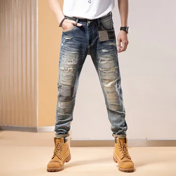 Новые осенние мужские джинсы в складку, модные облегающие брюки-карандаш с заплатками для мужчин