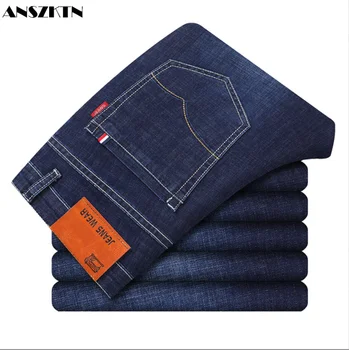 ANSZKTN Осенне-зимние стрейчевые мужские джинсы из плотного хлопка с прямой отделкой, длинные брюки