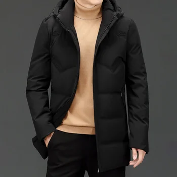 Новый бренд, повседневная модная длинная куртка на 90% утином пуху с капюшоном, Черная ветровка, пуховые пальто, Зимняя мужская одежда