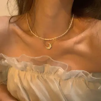 Двухслойное ожерелье с Луной из белой нержавеющей стали Серебристого, золотого цвета для женщин и девочек