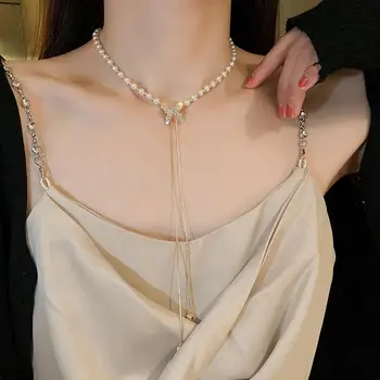 Модное Регулируемое ожерелье с жемчужной цепочкой и кисточкой для женщин, тренд 2023, ожерелье со стразами и бабочками, Свадебные украшения, подарки на День рождения