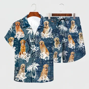 Рубашка Летний Гавайский комплект для Золотистого ретривера с 3D принтом Гавайская Рубашка + Пляжные Шорты Мужская Для Женщин Забавная одежда для собак