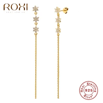 ROXI Длинные серьги-гвоздики с тремя кристаллами и цветами для женщин, Серьги-пирсинг для девочек, Свадебные украшения, Подвески из стерлингового серебра 925 пробы