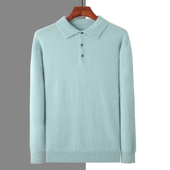 Новый однотонный свитер с отворотом из 100% кашемира из норки, роскошная фарфоровая блузка, мужской осенне-зимний пуловер на пуговицах