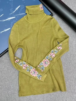 Женская осенне-зимняя Водолазка 2023 с длинным рукавом и вышивкой в этническом стиле, универсальная теплая шерстяная трикотажная нижняя рубашка