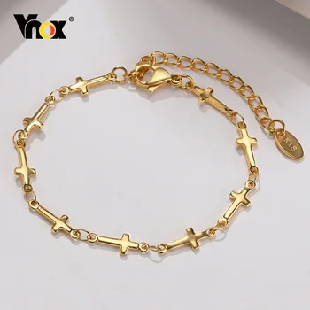 Женский браслет-цепочка с крестом Vnox, регулируемый браслет-цепочка из нержавеющей стали золотого цвета с розой и звездой, с печатью, подарок для нее