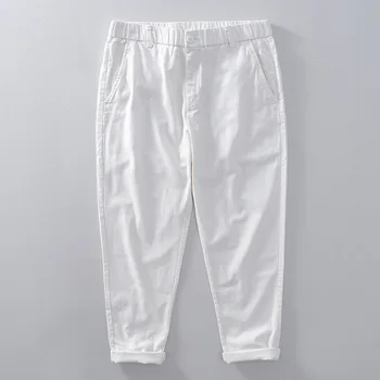 Весенне-летние Модные повседневные брюки для работы Для мужчин, Мужская одежда, хлопковые укороченные брюки свободного кроя в стиле ретро, однотонные укороченные брюки