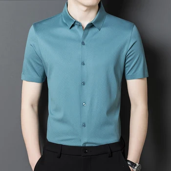 Бесшовная высококачественная шелковая мужская рубашка с коротким рукавом, однотонная Повседневная Летняя качественная Мягкая удобная сорочка Премиум-класса Оверсайз Homme