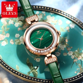 Женские часы OLEVS, Элегантные Роскошные модные кварцевые наручные часы с бриллиантовой инкрустацией, Водонепроницаемый Оригинальный Сертифицированный Кожаный ремешок