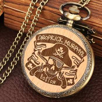 Кварцевые карманные часы для мужчин, деревянный корпус с гравировкой в виде Пиратского черепа, Декоративное ожерелье, карманные часы, подарки Relógio De Bolso