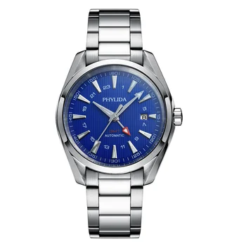 Водонепроницаемые автоматические часы GMT на 10 БАР, Модные роскошные механические наручные часы из сапфирового стекла SS, синий циферблат цвета Морской волны