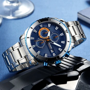 MEGIR Новые мужские синие кварцевые часы, модные светящиеся стрелки из нержавеющей стали, хронограф, наручные часы для мужчин Relogio Masculino