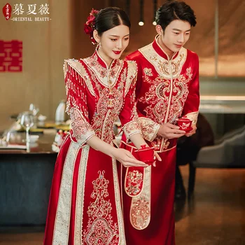 Традиционное Китайское Свадебное платье с пайетками, Классическое Платье Невесты, Чонсам, Украшенное бисером, Кисточки Qipao