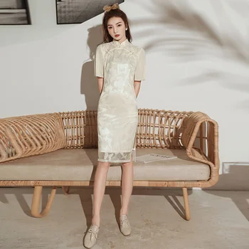 Женское Традиционное платье в китайском стиле 2022, Новое вышитое кружево средней длины, Тонкое платье Ципао в древнекитайском стиле