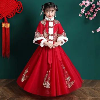 Зимнее детское хлопчатобумажное льняное Новогоднее платье, детский китайский прекрасный традиционный костюм с вышивкой для девочек в стиле Тан из древнего Ханфу
