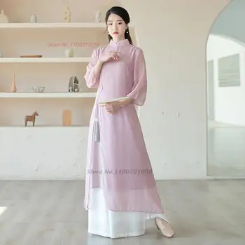 традиционный китайский винтажный комплект одежды 2023, национальное платье ципао + брюки, восточный чайный сервиз hanfu, набор в стиле ретро в народном стиле