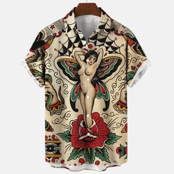 2023, Мужская рубашка с рисунком Русалки в стиле Ретро, 3D Цифровая печать, ретро Гавайская рубашка, Мужской Уличный Топ с коротким рукавом, Свободная рубашка для мужчин