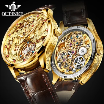 Роскошные Мужские часы OUPINKE с турбийоном, механическое Сапфировое стекло, Водонепроницаемые наручные часы с золотым драконом, прозрачный скелет